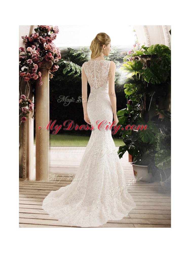2016 Hot Sale Mermaid Lace and Belt Wedding Dresses with Brush Train