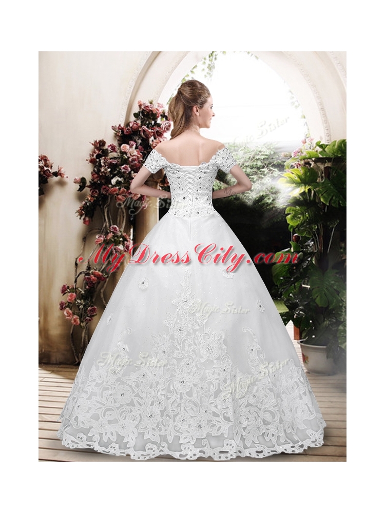 2016 Perfect Off the Shoulder Appliques Wedding Dresses with Cap Sleeves