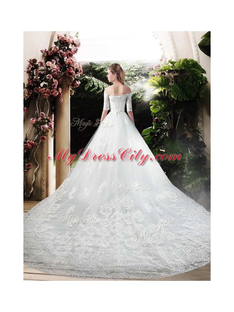 Latest A Line Off the Shoulder Half Sleeves Wedding Dresses with Appliques