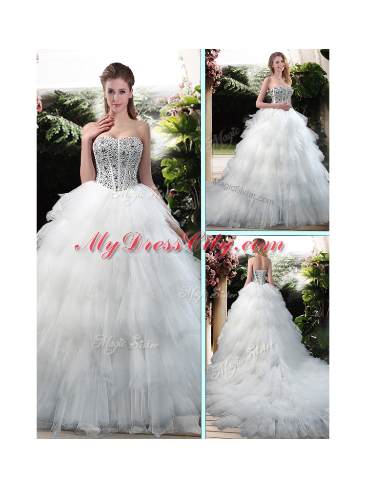 Latest Beading and Ruffles Wedding Dresses with Court Train