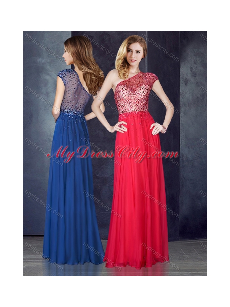 2016 One Shoulder Beaded Coral Red Prom Dress with See Through Back