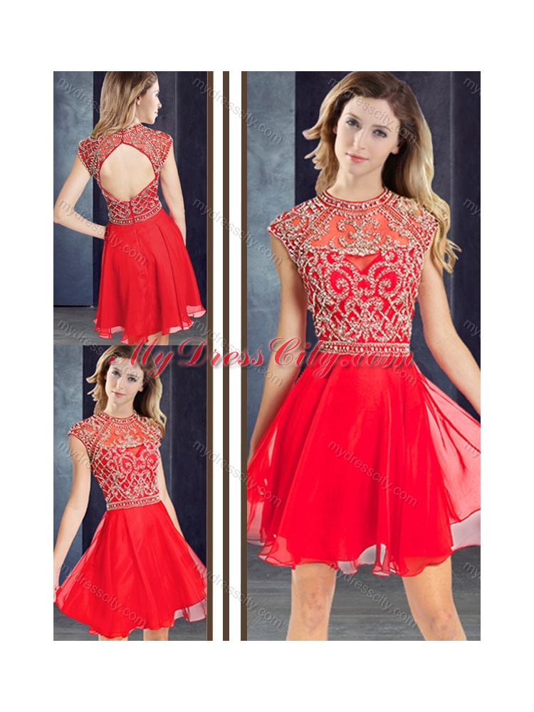 2016 Sexy Scoop Beaded Red Short Prom Dress with Cap Sleeves