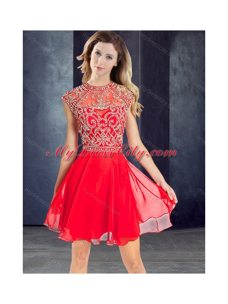 2016 Sexy Scoop Beaded Red Short Prom Dress with Cap Sleeves