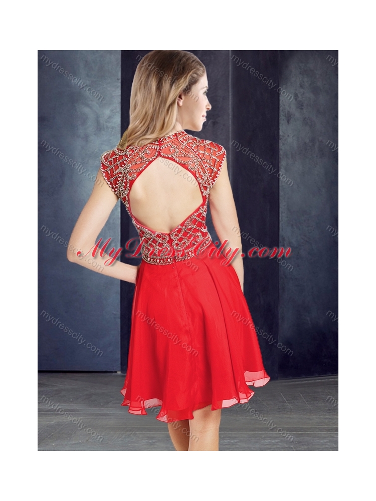 2016 Sexy Scoop Beaded Red Short Prom Dress with Cap Sleeves