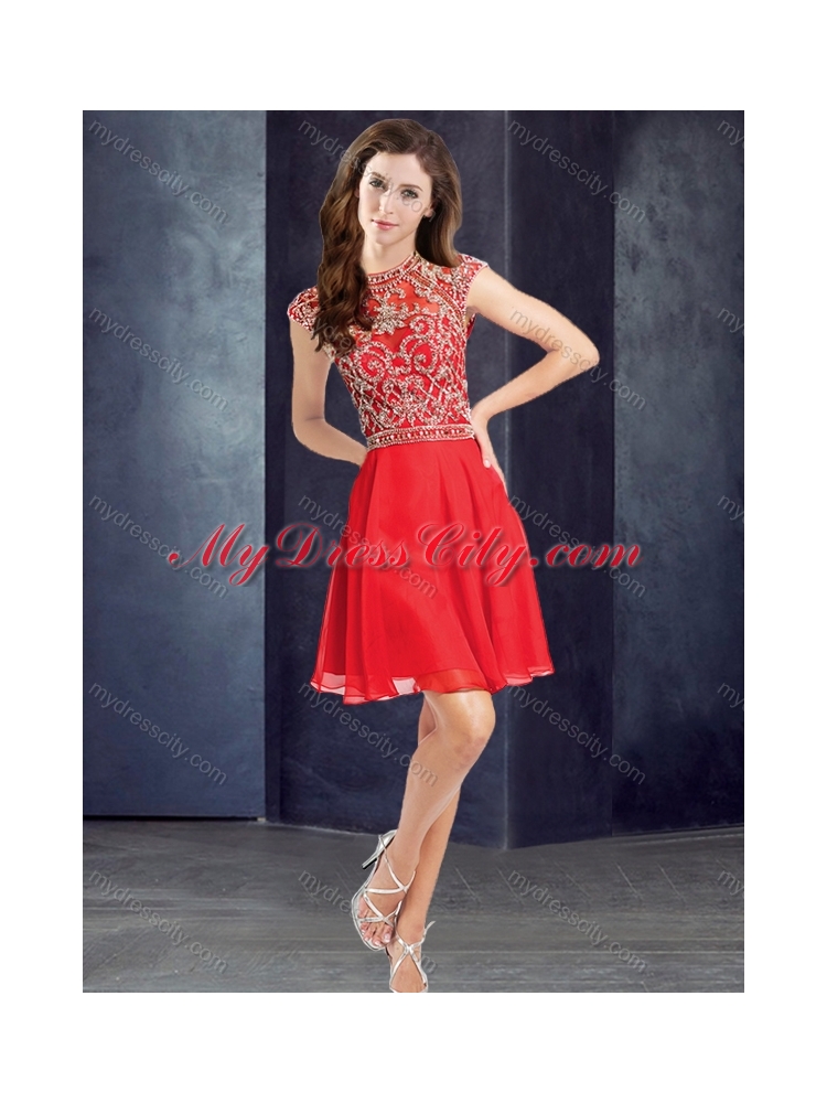 2016 Sexy Scoop Beaded Red Short Prom Dress with Cap Sleeves