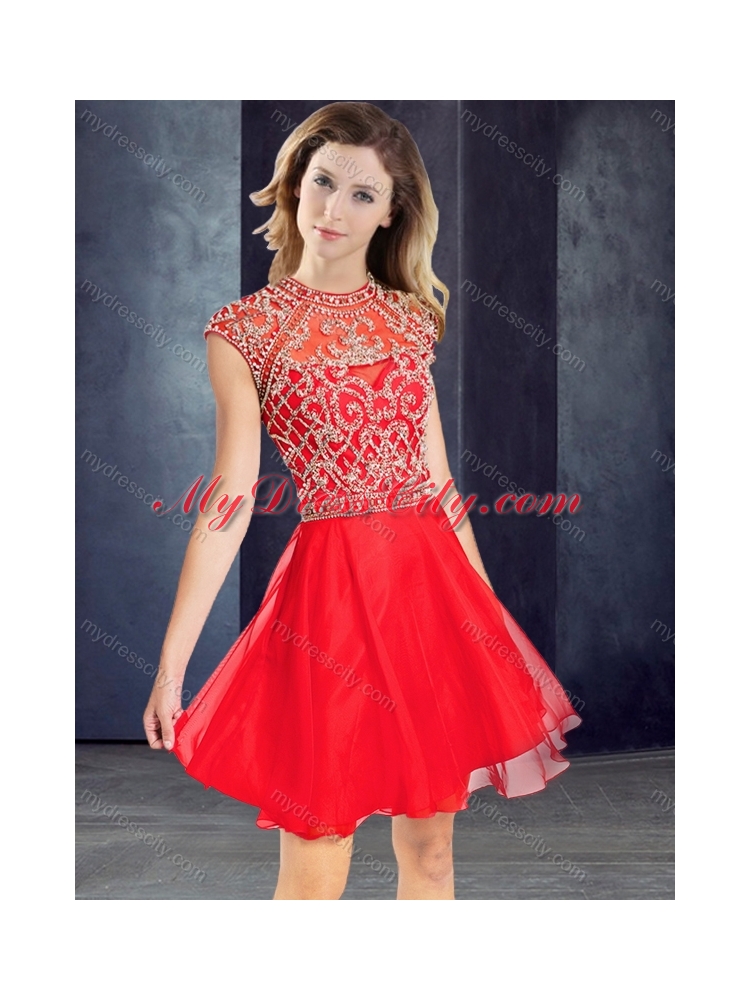 2016 Sexy Scoop Beaded Red Short Prom Dress with Cap Sleeves