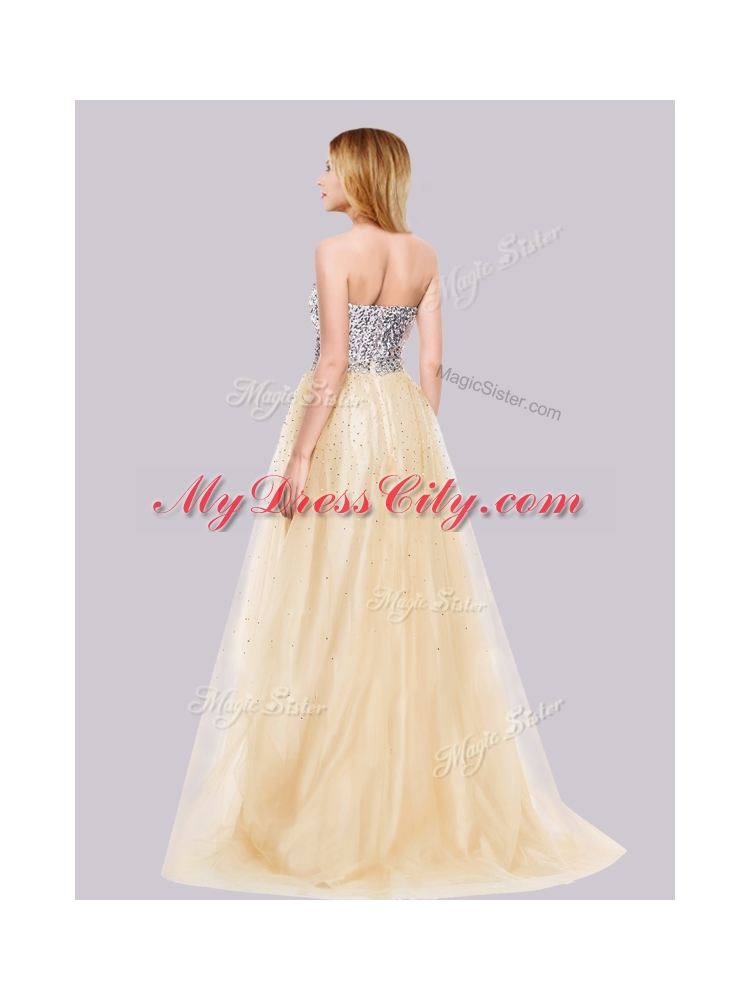 2016 Best Selling A Line Tulle Champagne Cheap Bridesmaid Dresses with Sequins