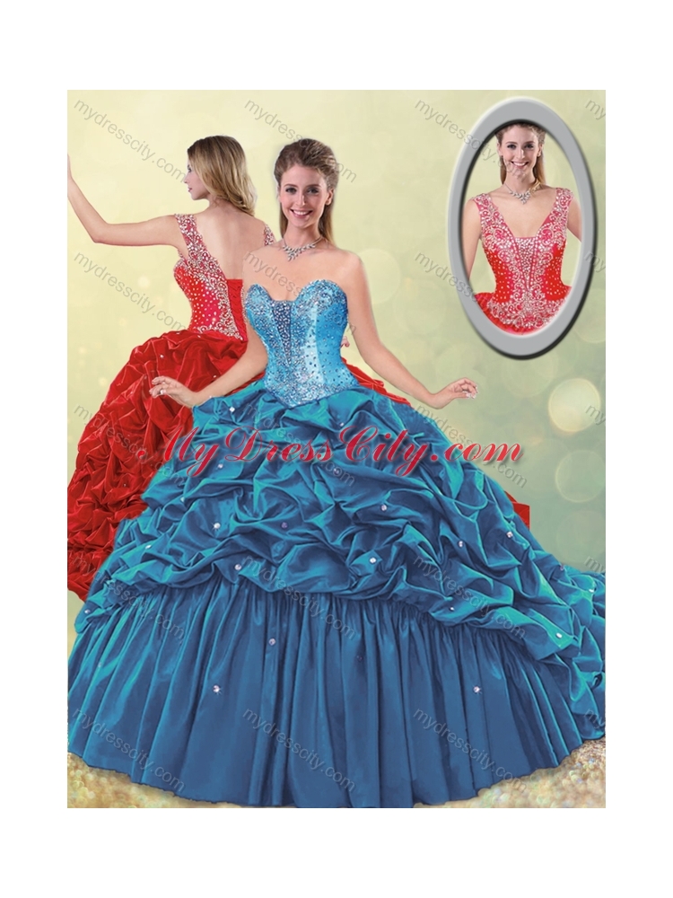Elegant Puffy Skirt Beaded Teal Quinceanera Dress with Brush Train MDCSJQDDT490002