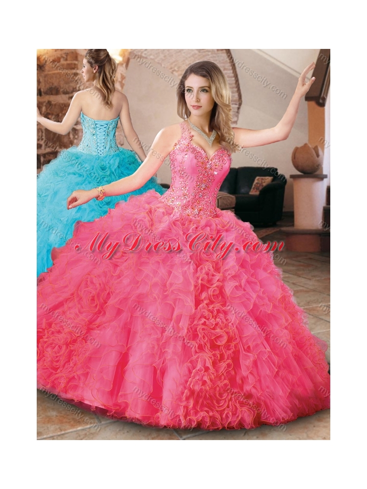 Elegant Beaded and Ruffled Quinceanera Dress with Detachable Straps