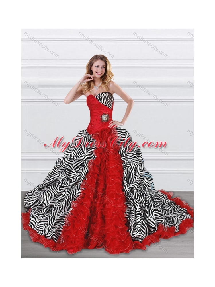 Latest Beaded and Ruffled Red and Zebra Quinceanera Dress with Brush Train