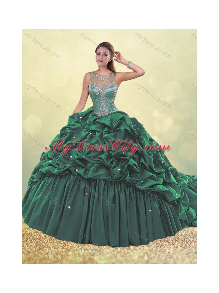 Lovely See Through Beaded and Bubble Quinceanera Dress in Dark Green