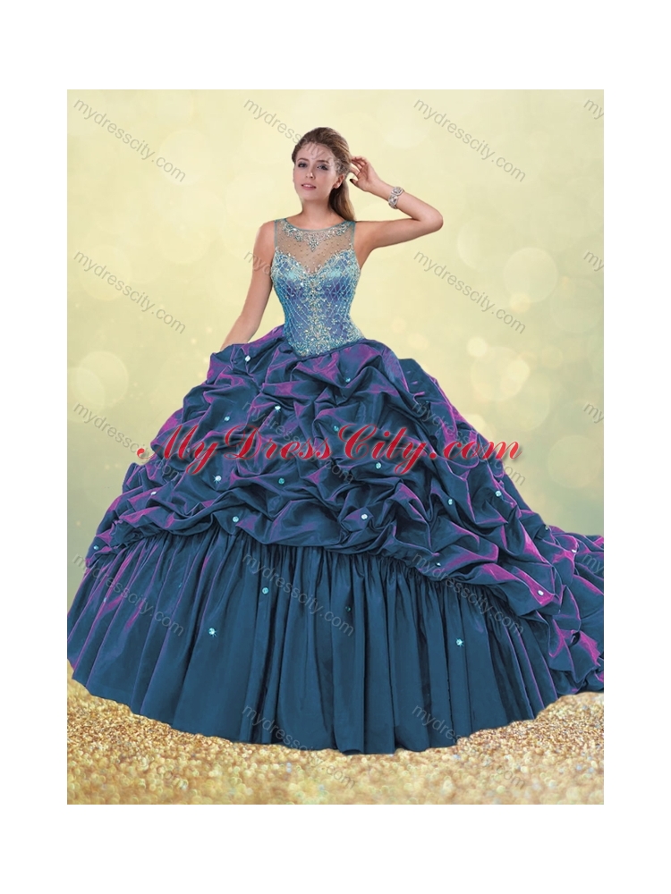 Lovely See Through Beaded and Bubble Quinceanera Dress in Dark Green