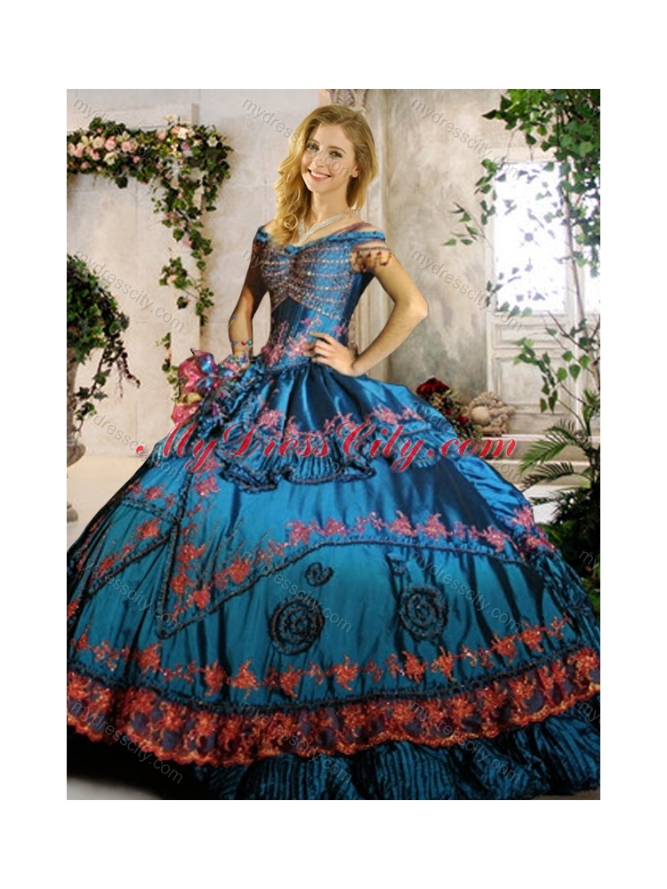 Off the Shoulder Teal Quinceanera Gown with Beading and Appliques