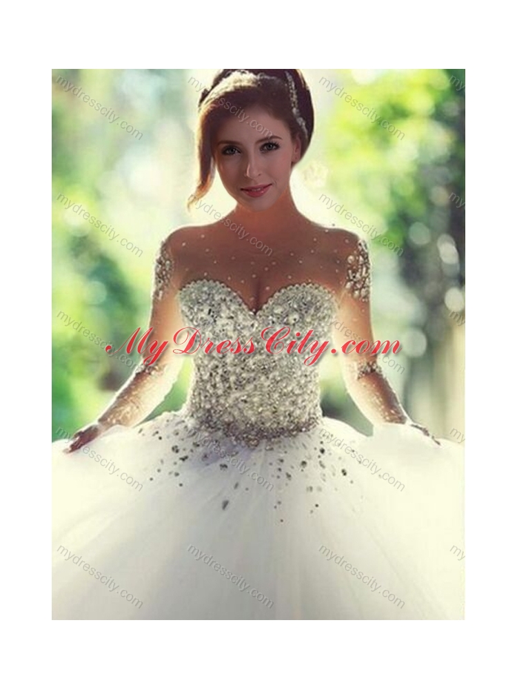 Scoop Beaded White Sweet 16 Dress with Long Sleeves