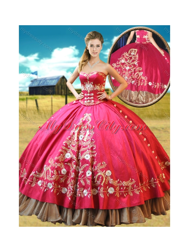 Elegant Really Puffy Taffetae Red Quinceanera Gown with Appliques and Beading