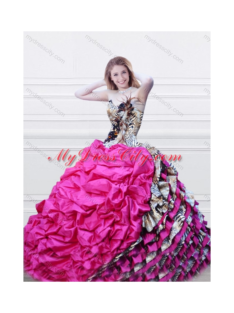 Elegant V Neck Fuchsia and Printed Quinceanera Dress with Feather and Bubbles
