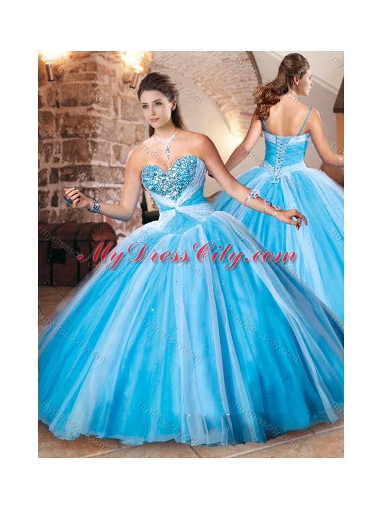 Exclusive Beaded Bust Baby Blue Sweet 16 Dress in Tulle