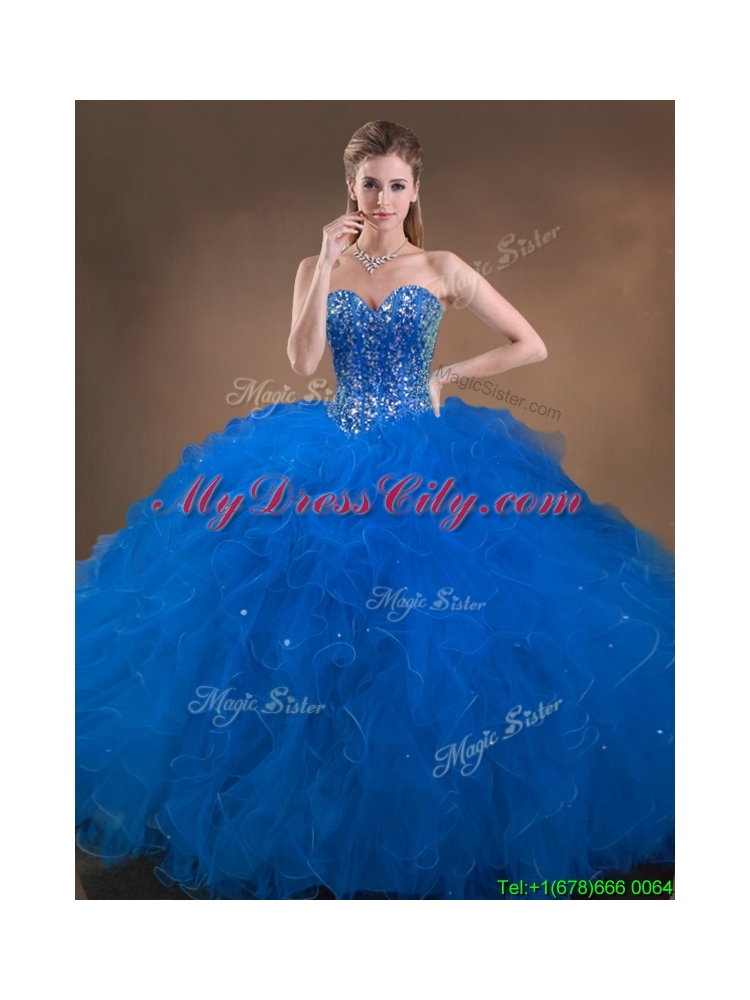 Latest Big Puffy Beaded and Ruffled Sweet 16 Dress in Blue
