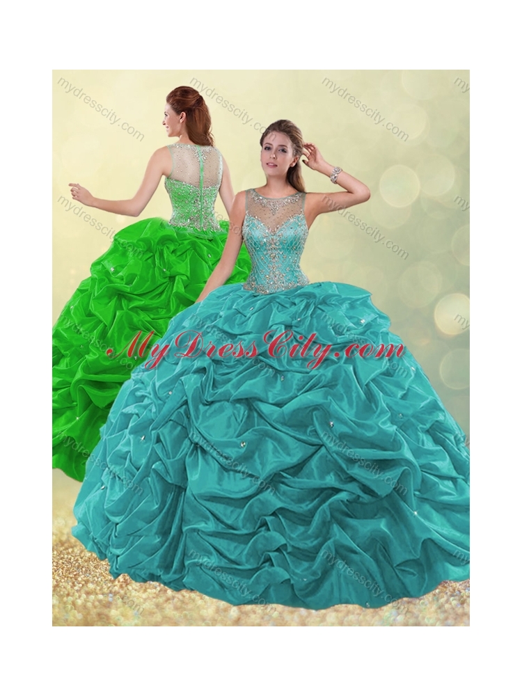 Pretty See Through Scoop Beaded and Bubble Aqua Blue Quinceanera Dress