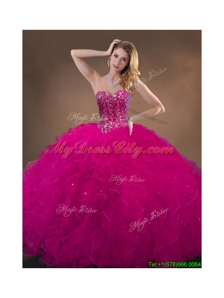 Unique Fuchsia Quinceanera Gowns with Beading and Ruffles