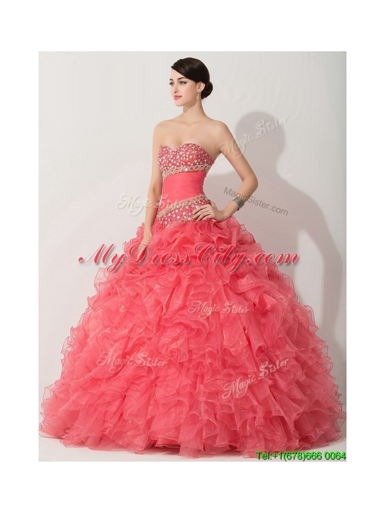 Unique Princess Coral Red Sweet 16 Dress with Beading and Ruffles