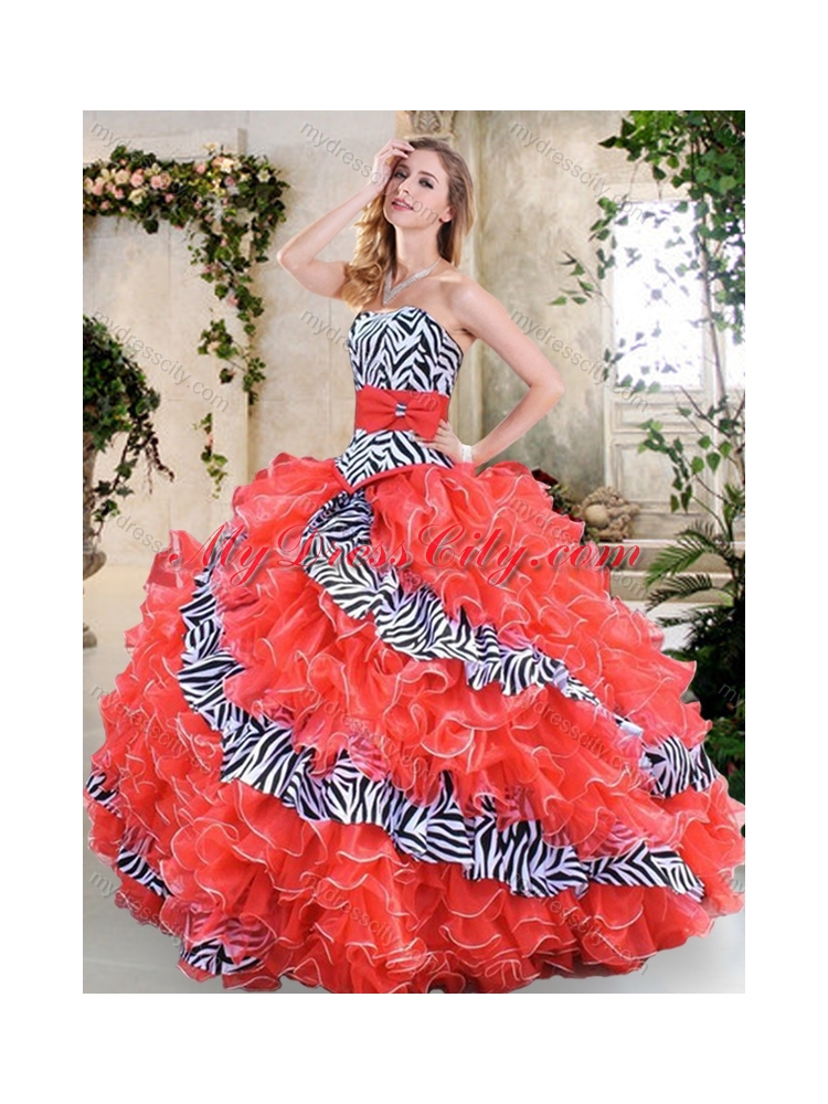 Unique Strapless Zebra and Hot Pink Quinceanera Dresses with Ruffles and Bowknot