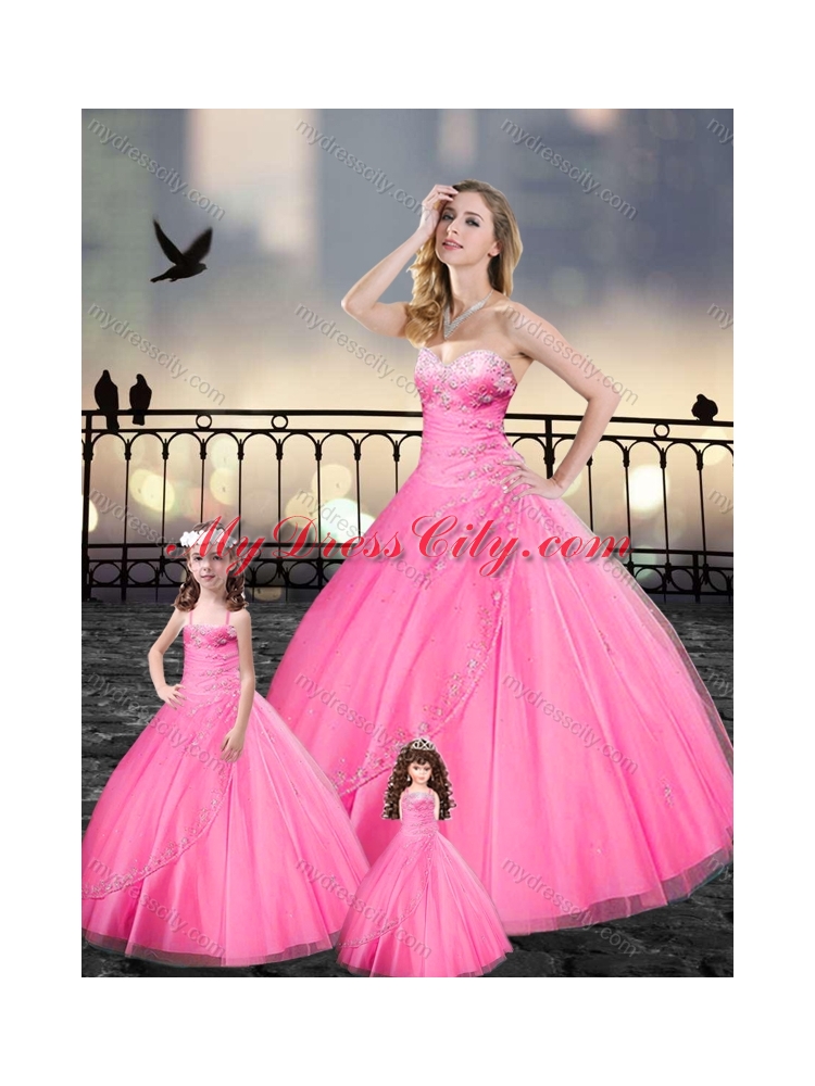 Custom Made Beaded and Applique Macthing Princesita With Quinceanera Dresses in Pink