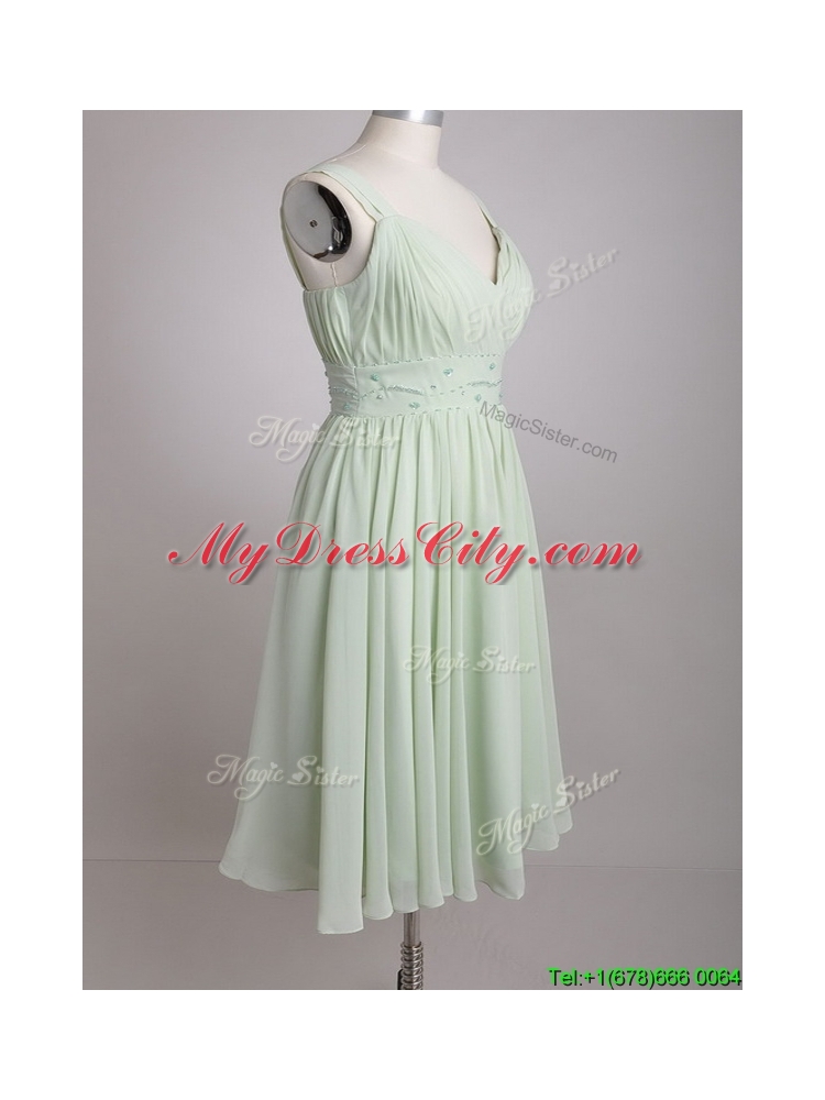 Exclusive Beaded and Ruched Apple Green V Neck Bridesmaid Dress in Chiffon