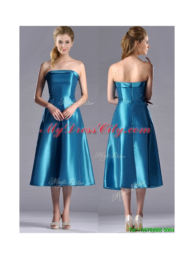 2016 Luxurious A Line Strapless Tea Length Dama Dress in Teal