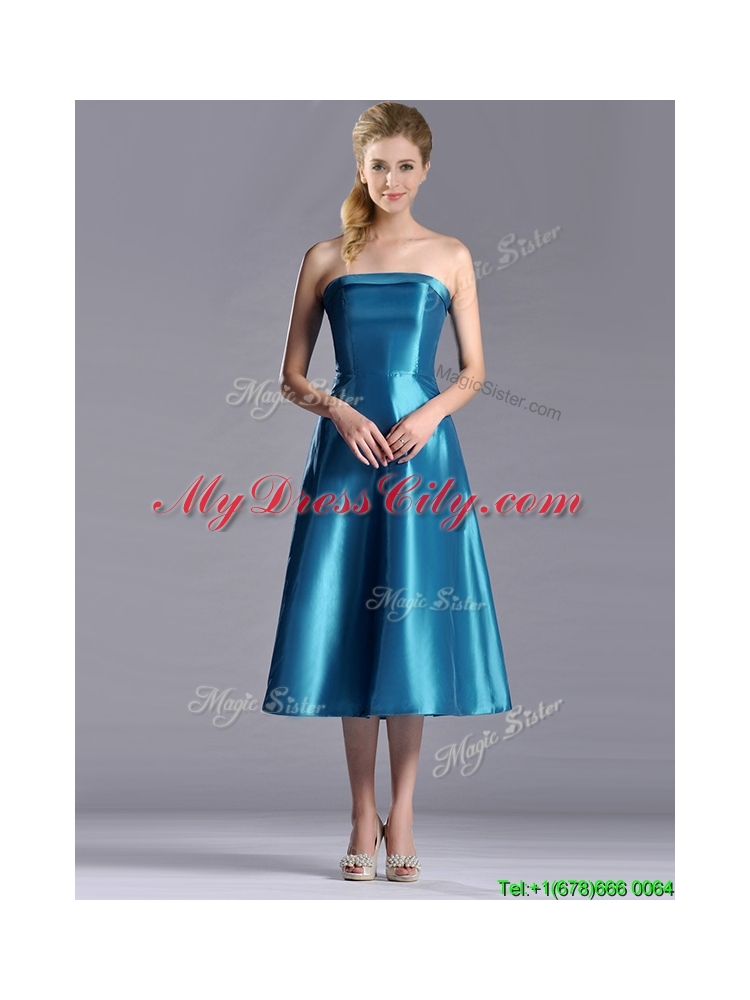 2016 Luxurious A Line Strapless Tea Length Dama Dress in Teal
