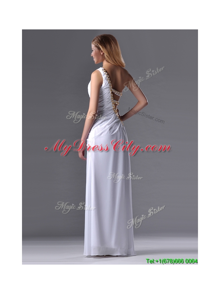 Beautiful Cut Out Waist One Shoulder White Prom Dress with Beading