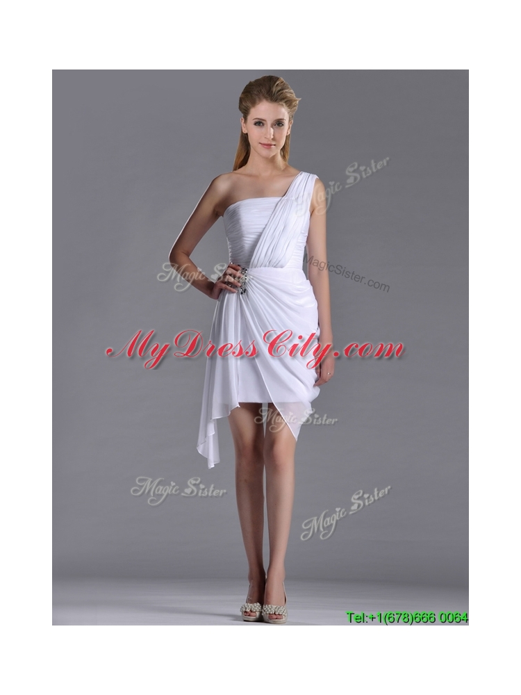 Cheap Column One Shoulder White Short Dama Dress with Zipper Up