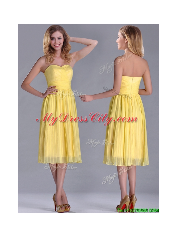 Discount Pleated Yellow Chiffon Dama Dress in Tea Length