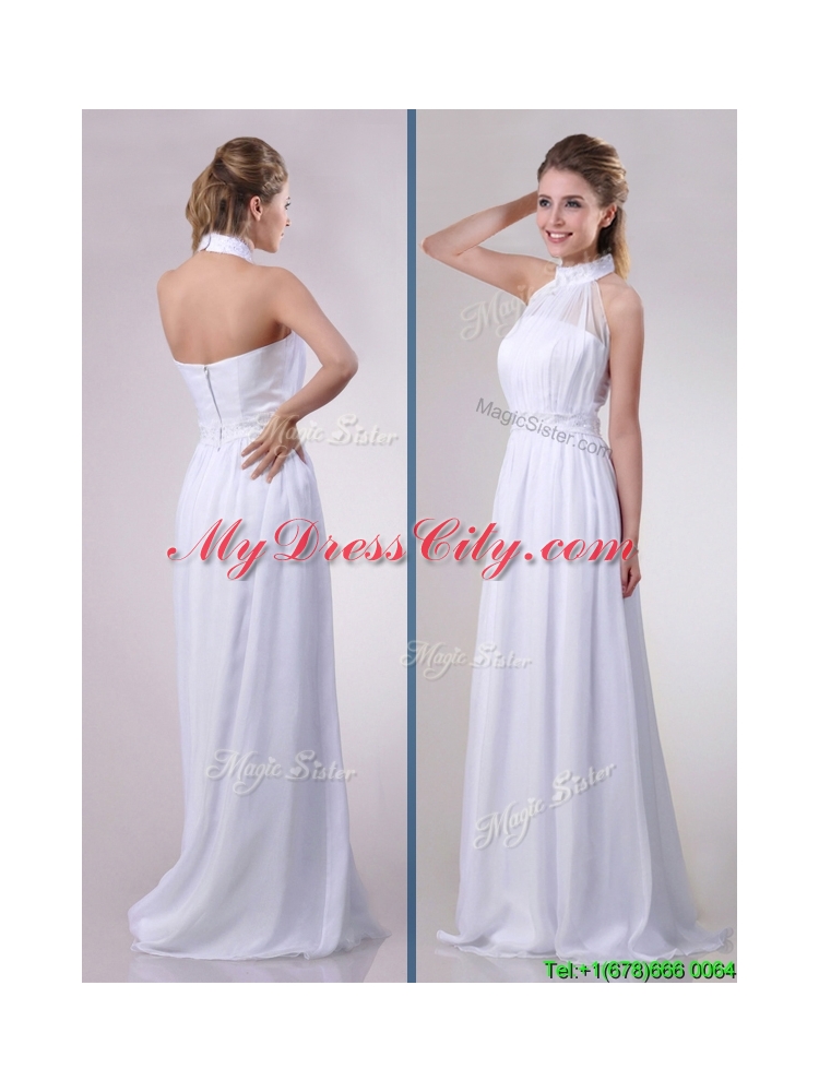 Empire Halter Top Applique Decorated Waist White Dama Dress in Chiffon