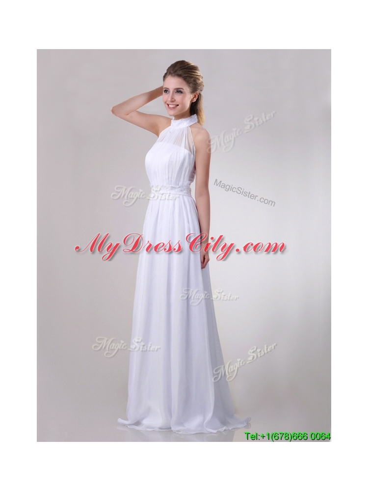 Empire Halter Top Applique Decorated Waist White Dama Dress in Chiffon