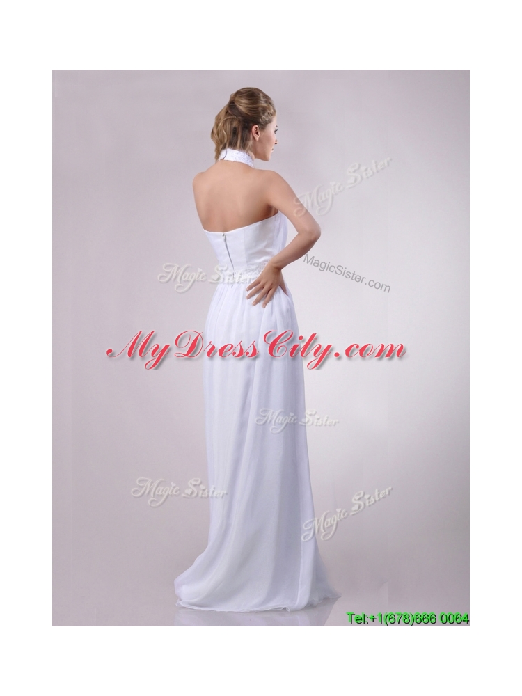 Empire Halter Top Applique Decorated Waist White Dama Dress in Chiffon