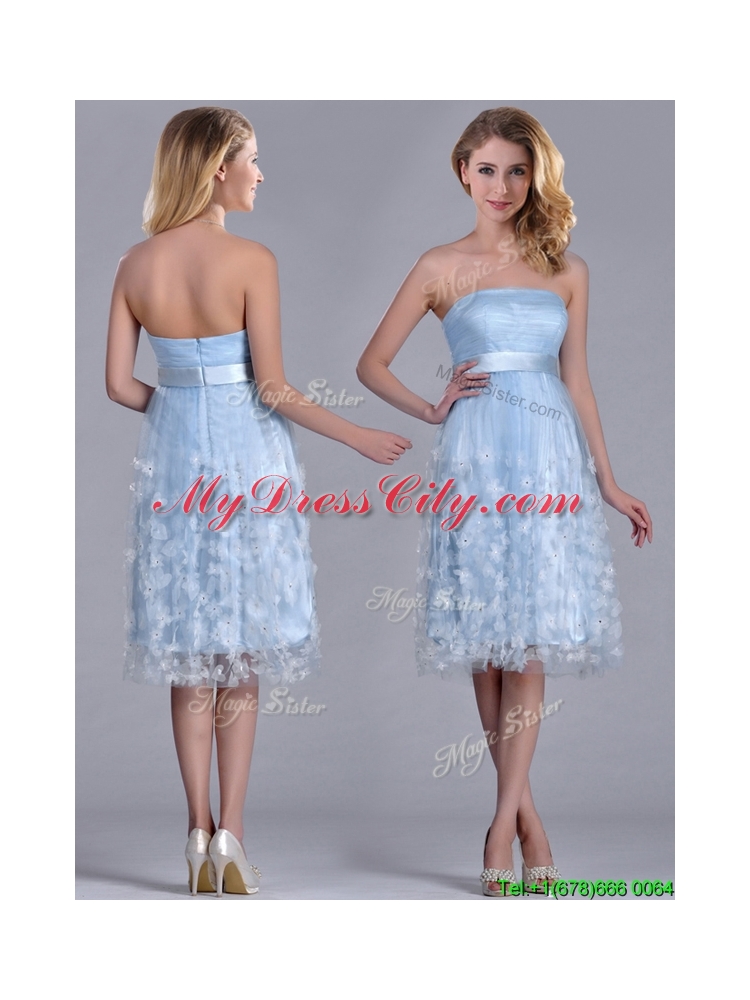 Gorgeous Empire Tea Length Applique Tulle Dama Dress in Light Blue