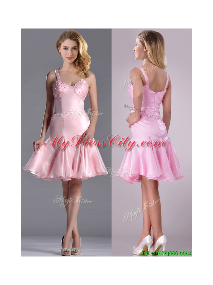 Lovely Beaded Bust Straps Short Dama Dress in Baby Pink