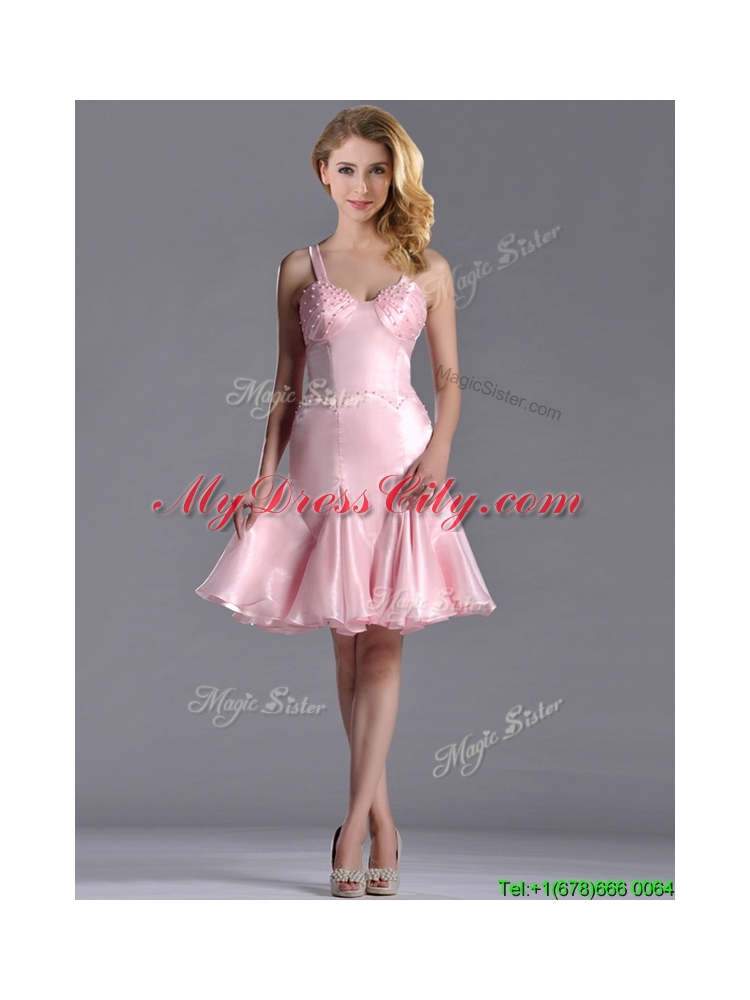 Lovely Beaded Bust Straps Short Dama Dress in Baby Pink