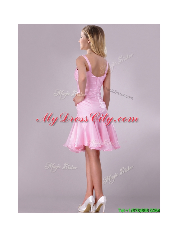 Lovely Beaded Bust Straps Short Dama Dress in Baby Pink