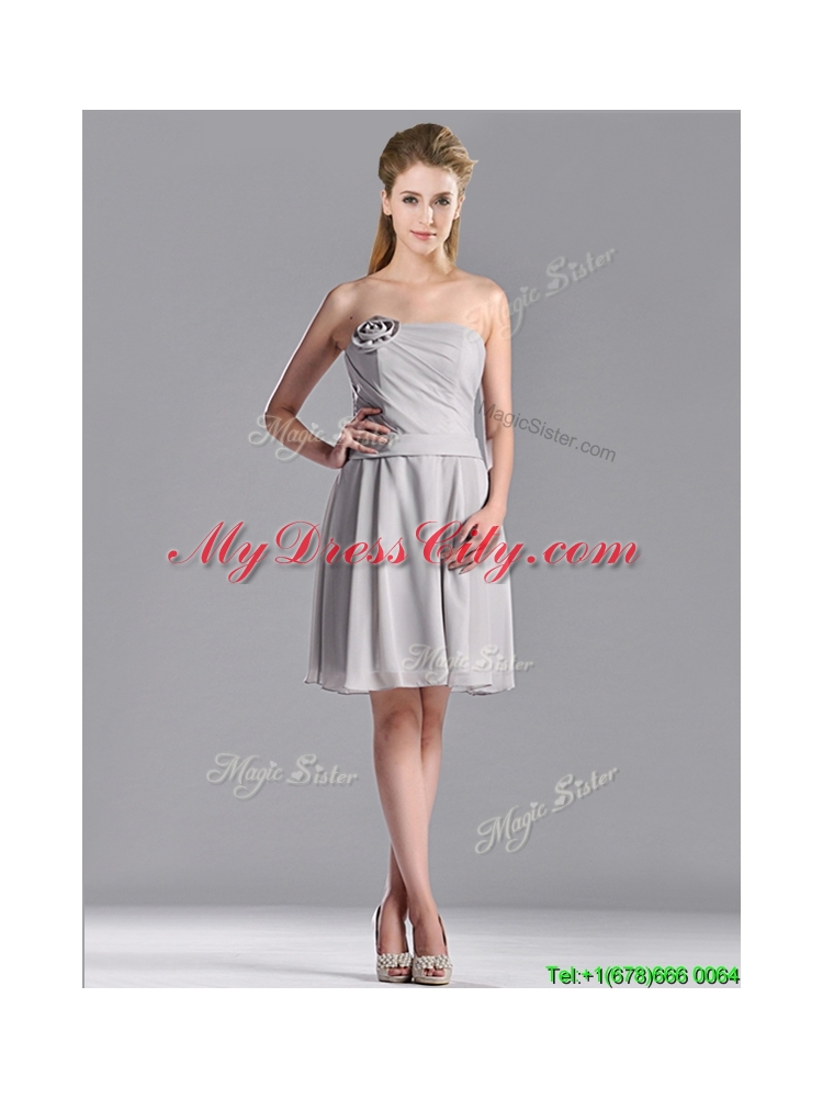Lovely Empire Strapless Chiffon Grey Dama Dress with Hand Made Flower