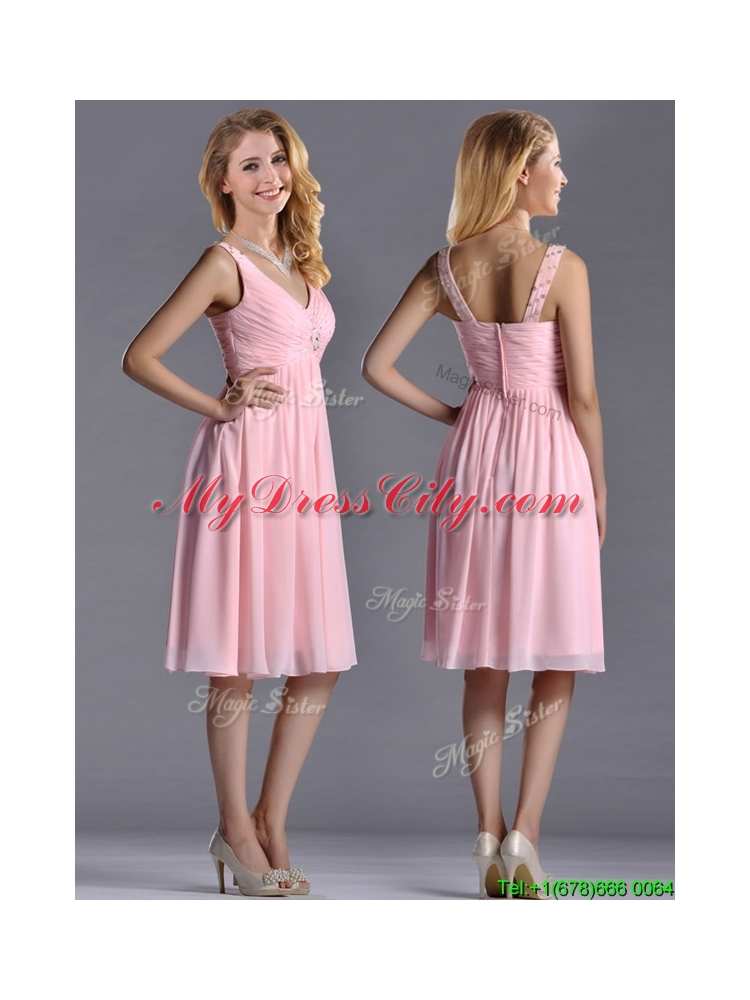 Lovely Empire V Neck Baby Pink Short Dama Dress with Beading