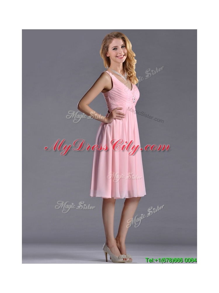 Lovely Empire V Neck Baby Pink Short Dama Dress with Beading