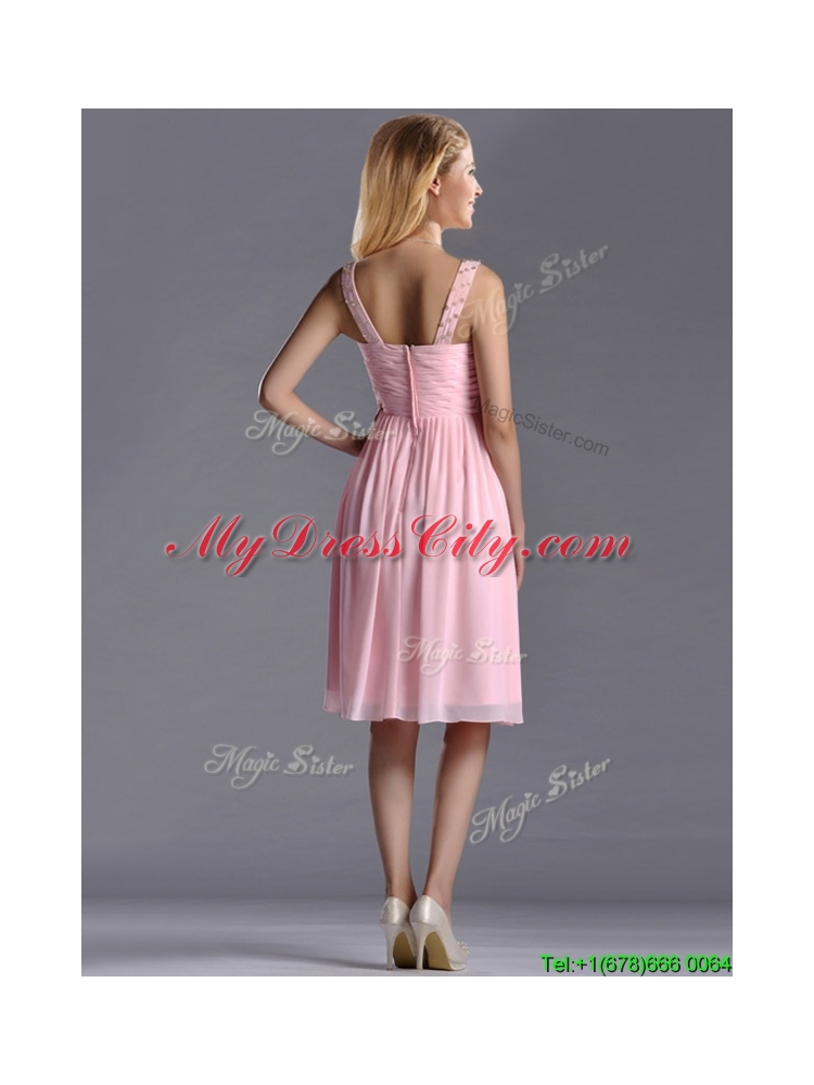 Lovely Empire V Neck Baby Pink Short Dama Dress with Beading