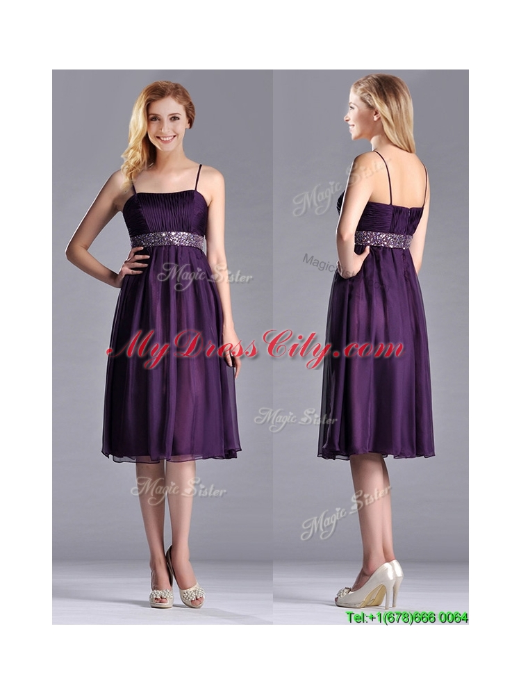 Modest Spaghetti Straps Beaded Chiffon Short Dama Dress in Purple