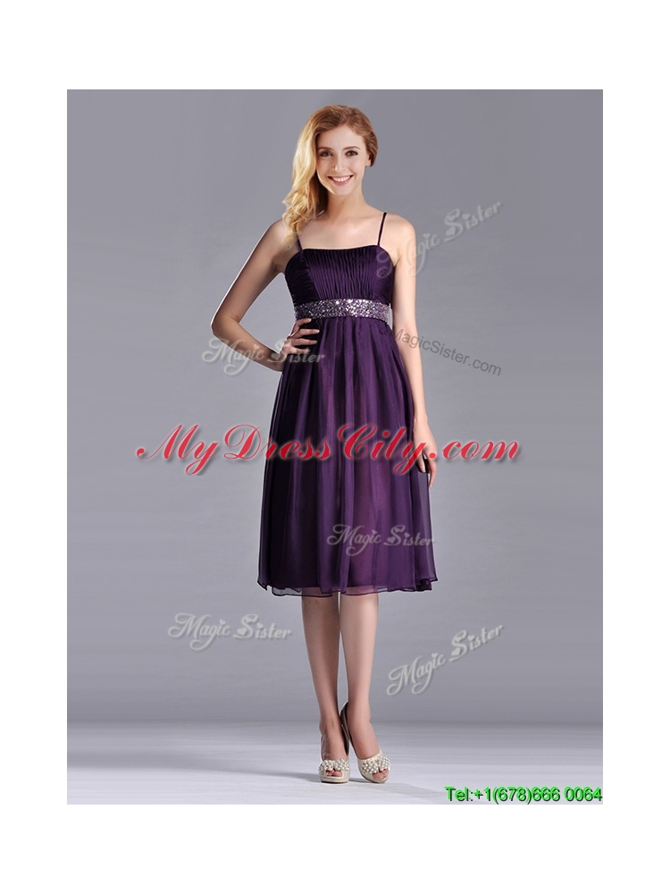 Modest Spaghetti Straps Beaded Chiffon Short Dama Dress in Purple