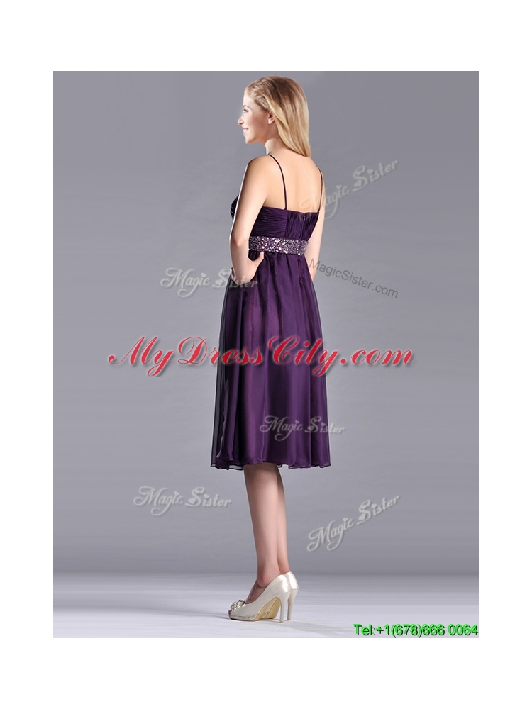 Modest Spaghetti Straps Beaded Chiffon Short Dama Dress in Purple