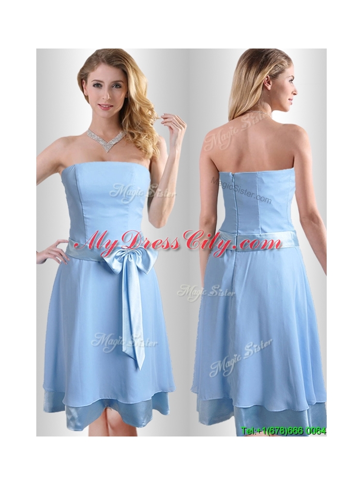 New Style Bowknot Chiffon Short Dama Dress in Light Blue