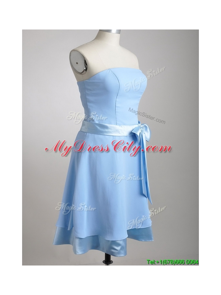 New Style Bowknot Chiffon Short Dama Dress in Light Blue