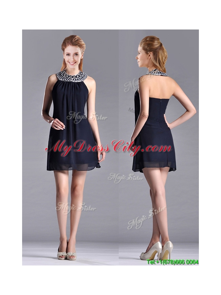 Popular Black Short Dama Dress with Beaded Decorated Halter Top